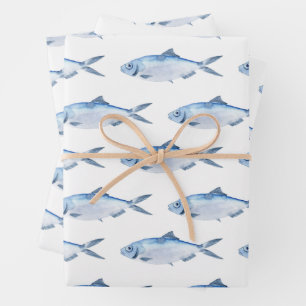 Blaue Fisch-Wasserfarbe Küste Geschenkpapier Set