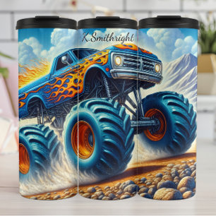 Blaue Flame Monster Truck Wüste Thermosbecher