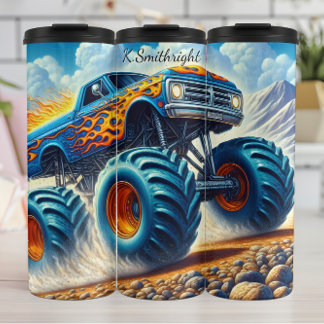 Blaue Flame Monster Truck Wüste Thermosbecher