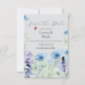 Blaue & Flieder Blumen "Save The Date"-Karte Save The Date (Vorderseite)