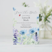 Blaue & Flieder Blumen "Save The Date"-Karte Save The Date (Stehend Vorderseite)