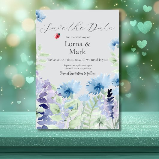 Blaue & Flieder Blumen "Save The Date"-Karte Save The Date