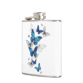 Blaue fliegende Schmetterlinge Morpho Flachmann (Links)