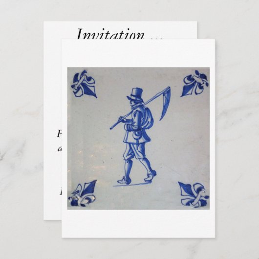 Blaue Fliese Delfts - Schablone Einladung (Vorne/Hinten)