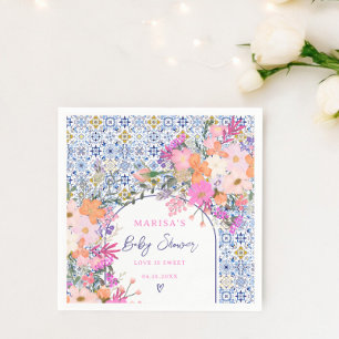 Blaue Fliesen Aquarell Wildblumen Babydusche Serviette