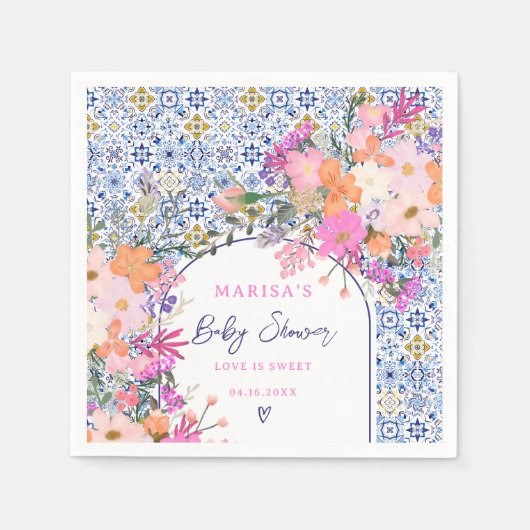 Blaue Fliesen Aquarell Wildblumen Babydusche Serviette (Vorderseite)