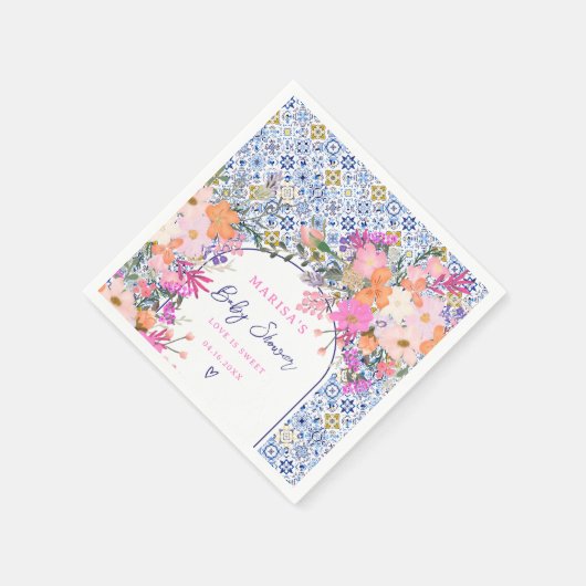 Blaue Fliesen Aquarell Wildblumen Babydusche Serviette (Ecke)