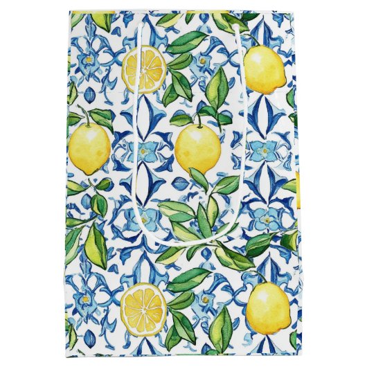 Blaue Fliesen aus Mittelmeerlemonen Mittlere Geschenktüte (Rückseite)