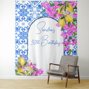 Blaue Fliesen Bougainvillea elegante Fotohintergru Wandteppich