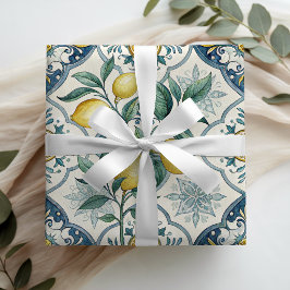 Blaue Fliesen Französisches Landhaus Zitronenmuste Geschenkpapier