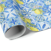 Blaue Fliesen Französisches Landhaus Zitronenmuste Geschenkpapier (Rolleneckpunkt)
