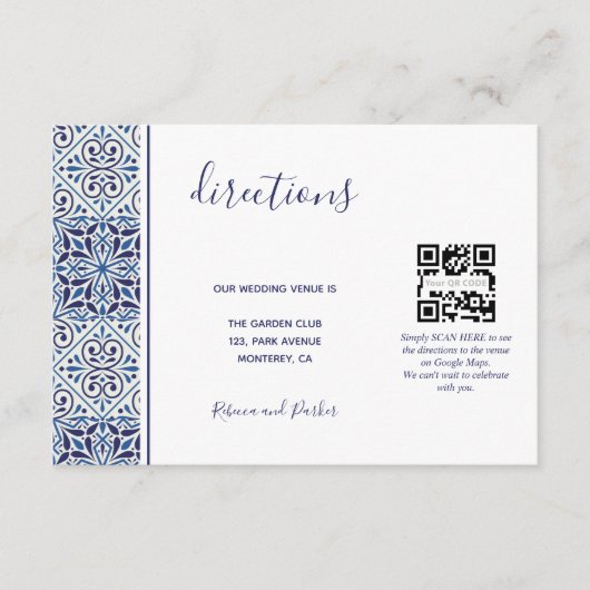 Blaue Fliesen Hochzeit Anweisungen QR Code Beilage Begleitkarte (Vorderseite)