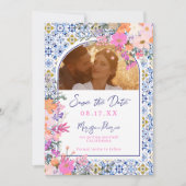 Blaue Fliesen Hochzeit mit Blumen Save The Date (Vorderseite)