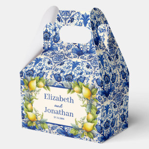 Blaue Fliesen Hochzeit mit gelben Zitronen Geschenkschachtel
