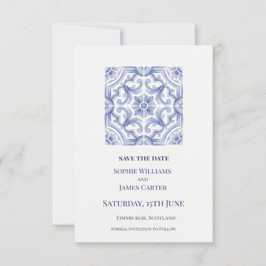 Blaue Fliesen Hochzeit Save The Date (Vorderseite)