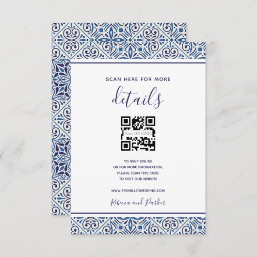 Blaue Fliesen Hochzeitsdetails QR-Code Beilage Kar Begleitkarte (Vorne/Hinten)