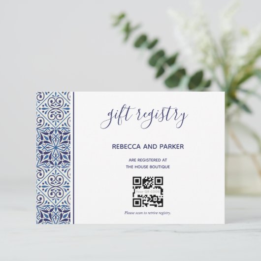 Blaue Fliesen Hochzeitsgeschenk Registrierung QR-C Begleitkarte (Stehend Vorderseite)