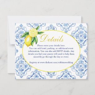 Blaue Fliesen Italienische Florale Zitronen-Detail RSVP Karte