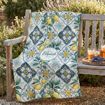 Blaue Fliesen Land Zitrone Muster Monogramm Name
