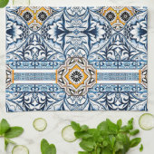 Blaue Fliesen Mediterrane Blumenmuster  Geschirrtuch (Gefaltet)