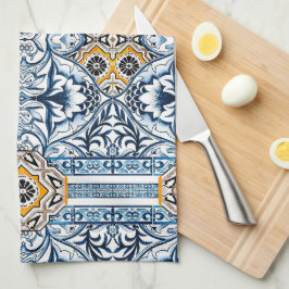 Blaue Fliesen Mediterrane Blumenmuster  Geschirrtuch
