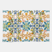 Blaue Fliesen Mediterrane Blumenmuster Geschirrtuch (Horizontal)