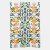 Blaue Fliesen Mediterrane Blumenmuster Geschirrtuch (Vertikal)