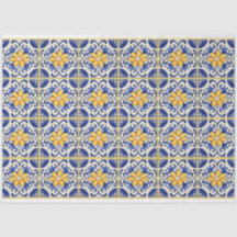 Blaue Fliesen mit gelben Blumen und Pflanzen