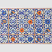 Blaue Fliesen mit orangefarbenen Blume