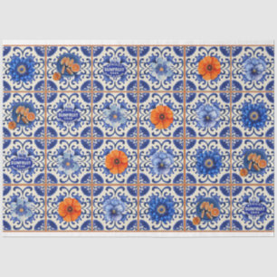 Blaue Fliesen mit orangefarbenen Blume Seidenpapier