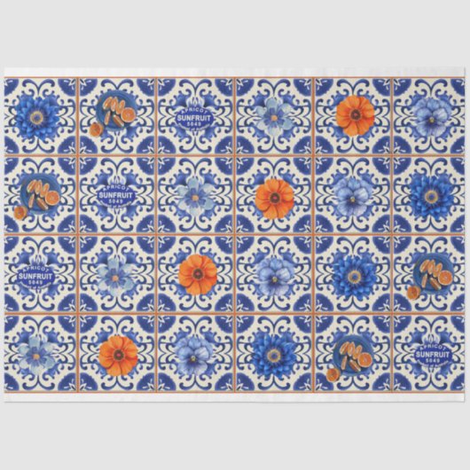 Blaue Fliesen mit orangefarbenen Blume Seidenpapier (Vorderseite)