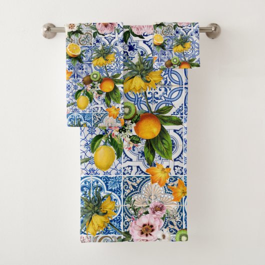 Blaue Fliesen Mittelmeer Blumenmuster  Badhandtuch Set (Insitu)