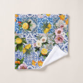 Blaue Fliesen Mittelmeer Blumenmuster  Badhandtuch Set (Waschlappen)