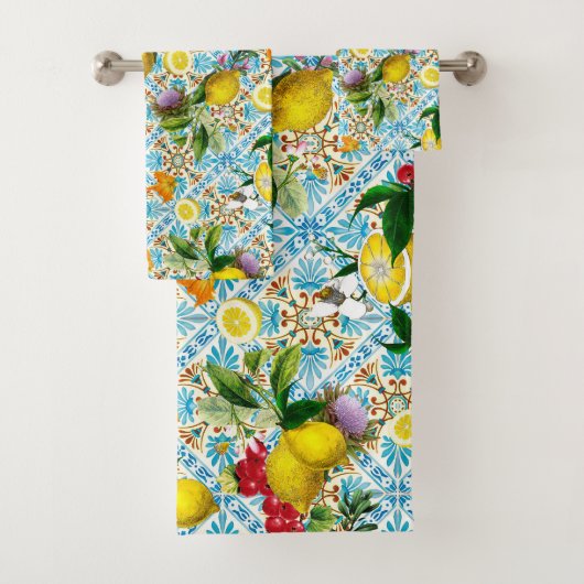 Blaue Fliesen Mittelmeer Blumenmuster  Badhandtuch Set (Insitu)