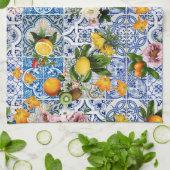 Blaue Fliesen Mittelmeer Blumenmuster  Geschirrtuch (Gefaltet)