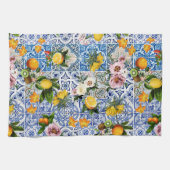 Blaue Fliesen Mittelmeer Blumenmuster  Geschirrtuch (Horizontal)