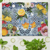 Blaue Fliesen Mittelmeer Blumenmuster  Geschirrtuch (Gefaltet)