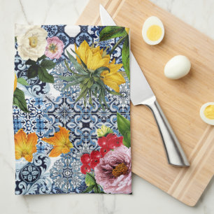 Blaue Fliesen Mittelmeer Blumenmuster  Geschirrtuch