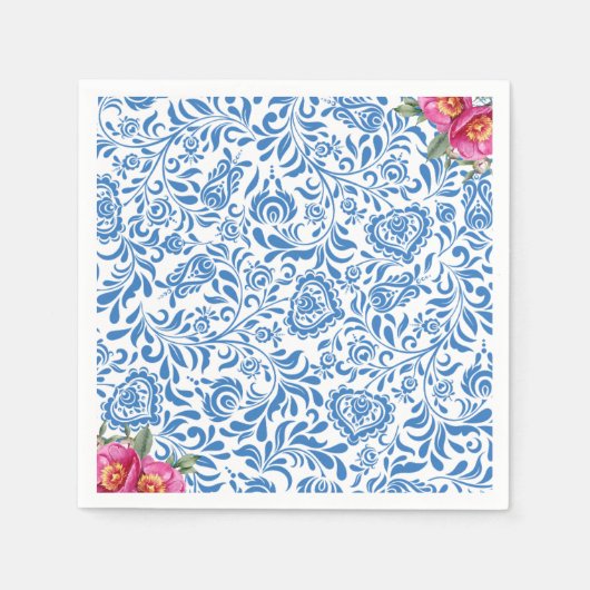 Blaue Fliesen Pink Blume Mittelmeer Griechisches P Serviette (Vorderseite)