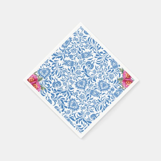 Blaue Fliesen Pink Blume Mittelmeer Griechisches P Serviette (Ecke)