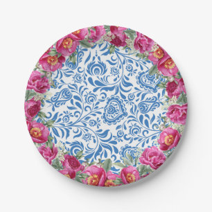 Blaue Fliesen Rosa Blume Mediterranes Party Pappteller