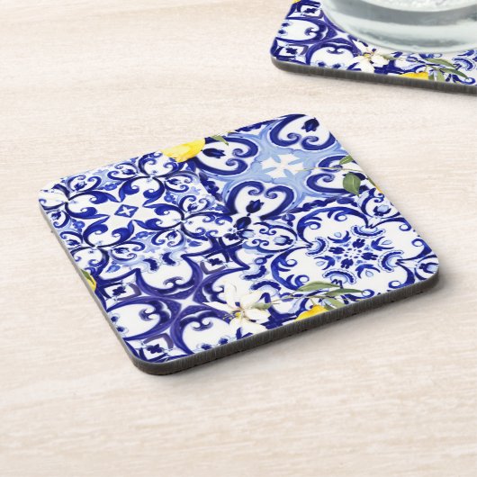 Blaue Fliesen, sizilianisch, majolica, Mosaikkunst Getränkeuntersetzer (Linke Seite)