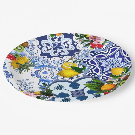 Blaue Fliesen, sizilianisch, majolica, Mosaikkunst Pappteller (Schrägansicht)