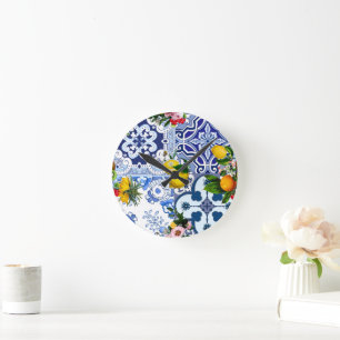 Blaue Fliesen, sizilianisch, majolica, Mosaikkunst Runde Wanduhr