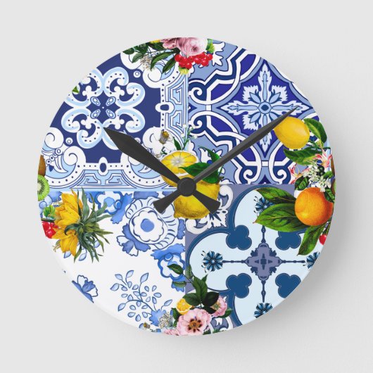 Blaue Fliesen, sizilianisch, majolica, Mosaikkunst Runde Wanduhr (Vorderseite)