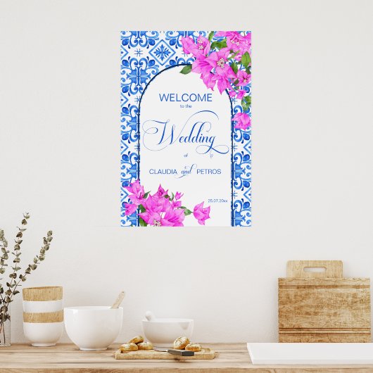 Blaue Fliesen und Bougainvillea - ein elegantes Be Poster (Küche)