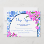 Blaue Fliesen und Bougainvillea, elegant mediterra Einladung (Vorderseite)