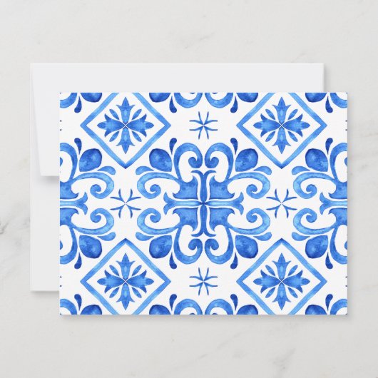 Blaue Fliesen und Bougainvillea, elegant mediterra Einladung (Rückseite)