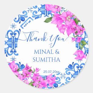 Blaue Fliesen und Bougainvillea elegante Danke Runder Aufkleber