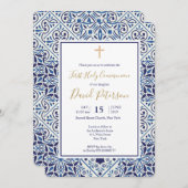 Blaue Fliesen und Goldkreuz Einladung (Vorne/Hinten)